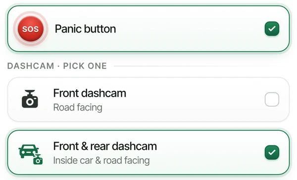 The quote form’s extras: a panic button and a front and rear dashcam ticked